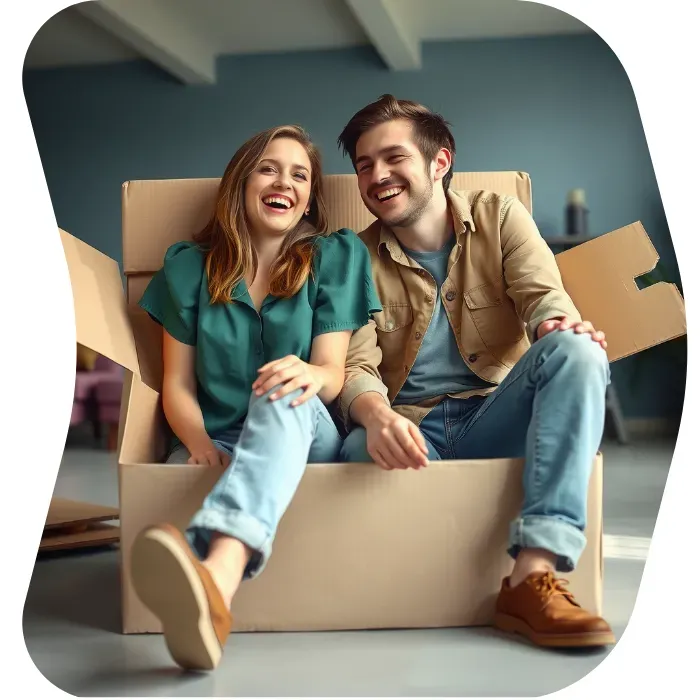 Two guys sitting on the floor of their apartment with Muval moving boxes